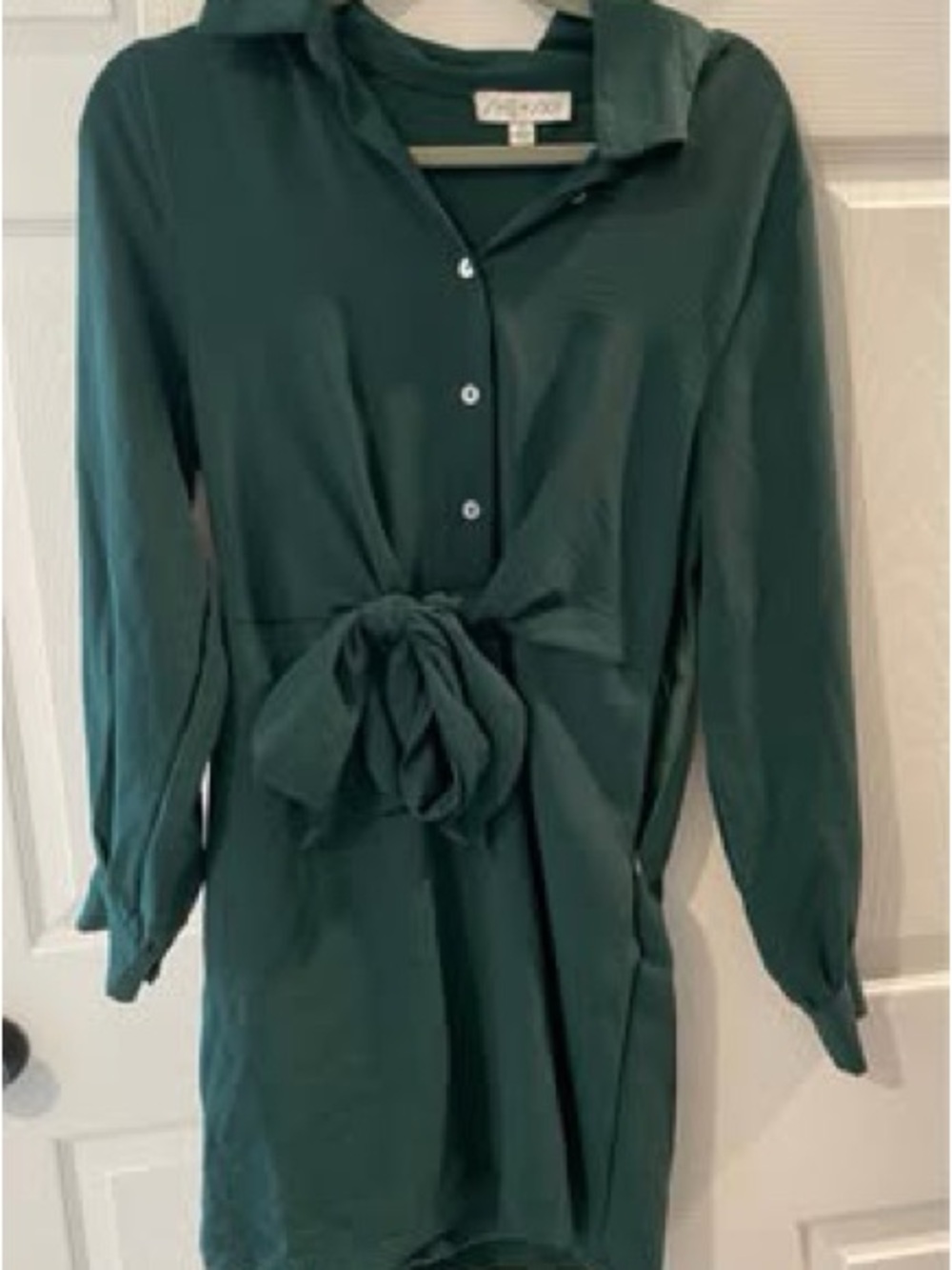 Tie-Waist Long Sleeve Shirt Dress in Deep Green - Picture 1 of 1